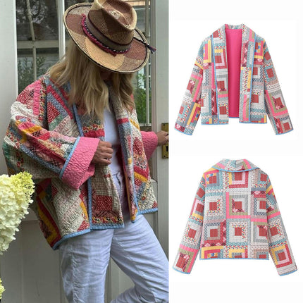 Women's Floral Quilted Jacket Lightweight Padded Outerwear Long Sleeve Cardigan Coat