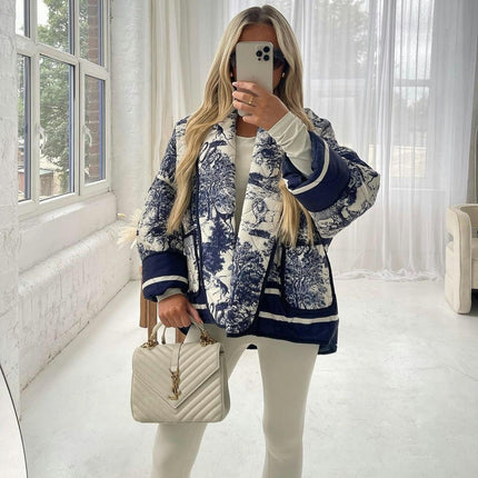 Women's Quilted Jacket Cardigan Lightweight Floral Printed Open Front Coat Winter Warm Outwear