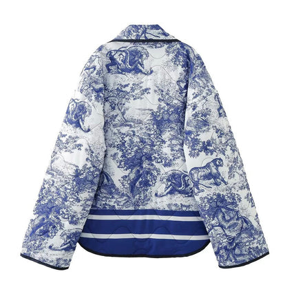 Women's Quilted Jacket Cardigan Lightweight Floral Printed Open Front Coat Winter Warm Outwear