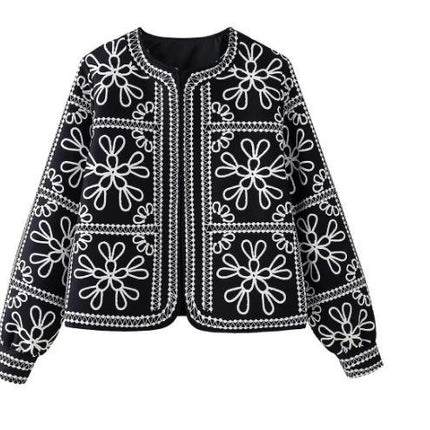 Women's Cropped Lightweight Floral Print Jacket Padded Coat Open Front Cardigan Outwear