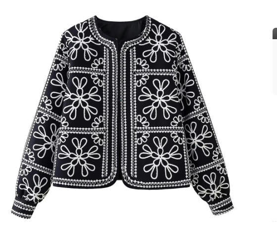 Women's Cropped Lightweight Floral Print Jacket Padded Coat Open Front Cardigan Outwear