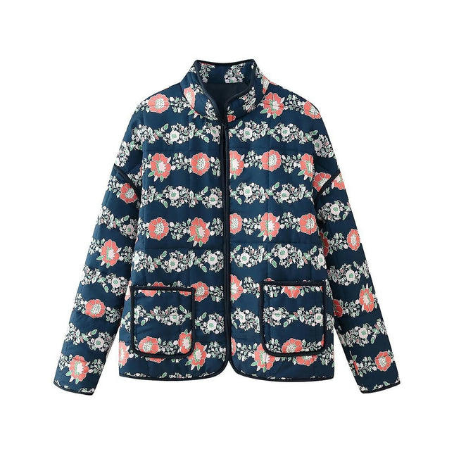 Women's Cropped Quilted Jacket Lightweight Floral Print Long Sleeve Padded Cardigan Coat