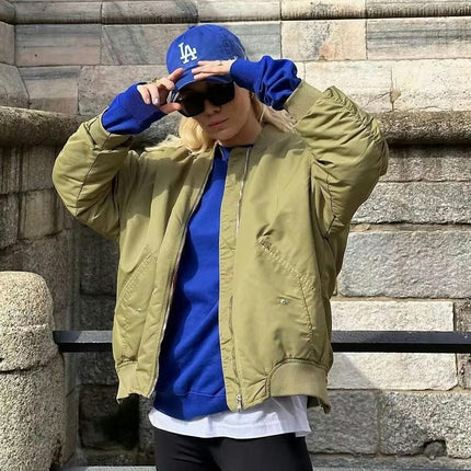 Women's Bomber Jacket Casual Loose Coat Zip Up Winter Outerwear with Pockets