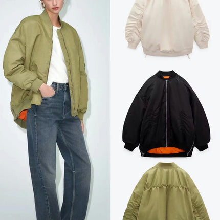 Women's Bomber Jacket Casual Loose Coat Zip Up Winter Outerwear with Pockets