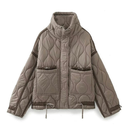 Women's Quilted Jacket Button Down Stand Collar Lightweight Coats Padded Outwear with Pockets
