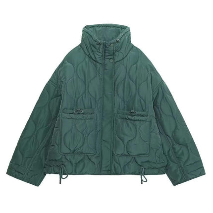 Women's Quilted Jacket Button Down Stand Collar Lightweight Coats Padded Outwear with Pockets