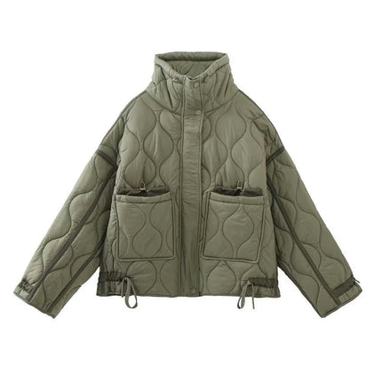 Women's Quilted Jacket Button Down Stand Collar Lightweight Coats Padded Outwear with Pockets