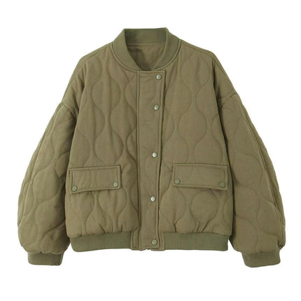 Womens Bomber Jacket Casual Stand Collar Button Down Quilted Coat with Pockets
