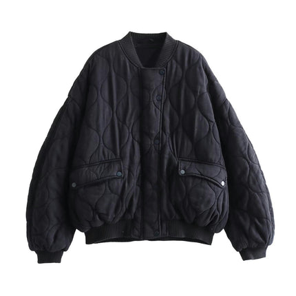 Womens Bomber Jacket Casual Stand Collar Button Down Quilted Coat with Pockets