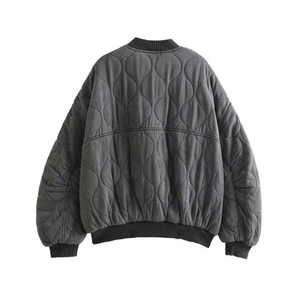 Womens Bomber Jacket Casual Stand Collar Button Down Quilted Coat with Pockets