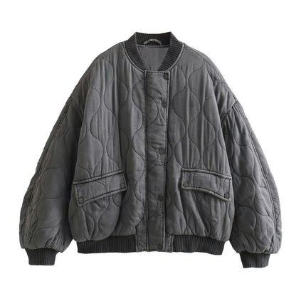 Womens Bomber Jacket Casual Stand Collar Button Down Quilted Coat with Pockets