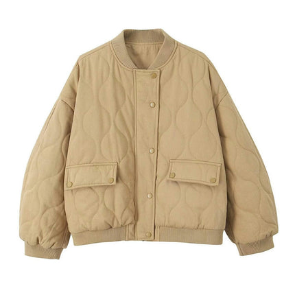 Womens Bomber Jacket Casual Stand Collar Button Down Quilted Coat with Pockets