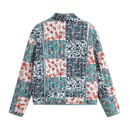 Women's Cropped Quilted Jacket Cardigan Floral Printed Long Sleeve Padded Coats