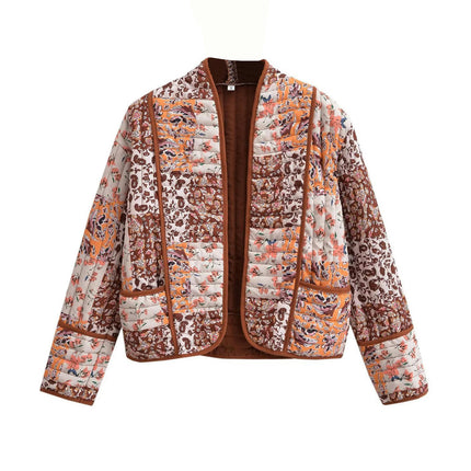Women's Cropped Quilted Jacket Cardigan Floral Printed Long Sleeve Padded Coats