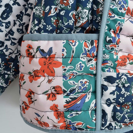Women's Cropped Quilted Jacket Cardigan Floral Printed Long Sleeve Padded Coats
