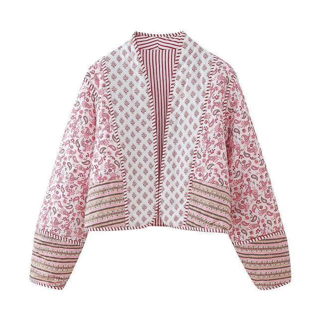 Women's Cropped Quilted Jacket Cardigan Floral Printed Lightweight Long Sleeve Open Front Padded Coats