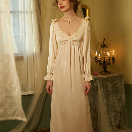 Women's Imitation Silk Long Nightdress-Princess Style Long Sleeve Home Clothes Nightdress