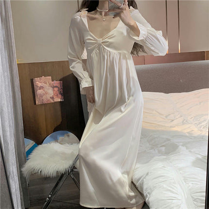 Women's Imitation Silk Long Nightdress-Princess Style Long Sleeve Home Clothes Nightdress