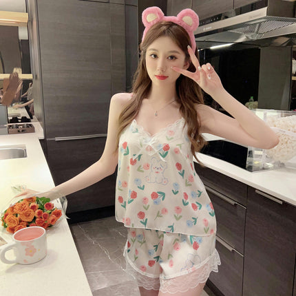 Women's Imitation Satin Nightgown Sexy Lace Nightgown Underwear Suspender Shorts Set
