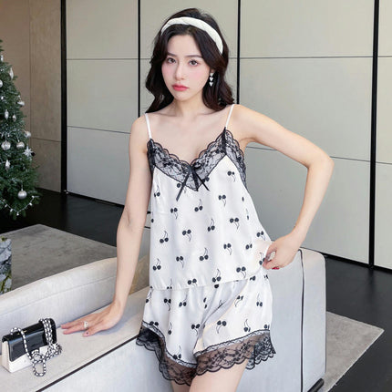 Women's Imitation Satin Nightgown Sexy Lace Nightgown Underwear Suspender Shorts Set
