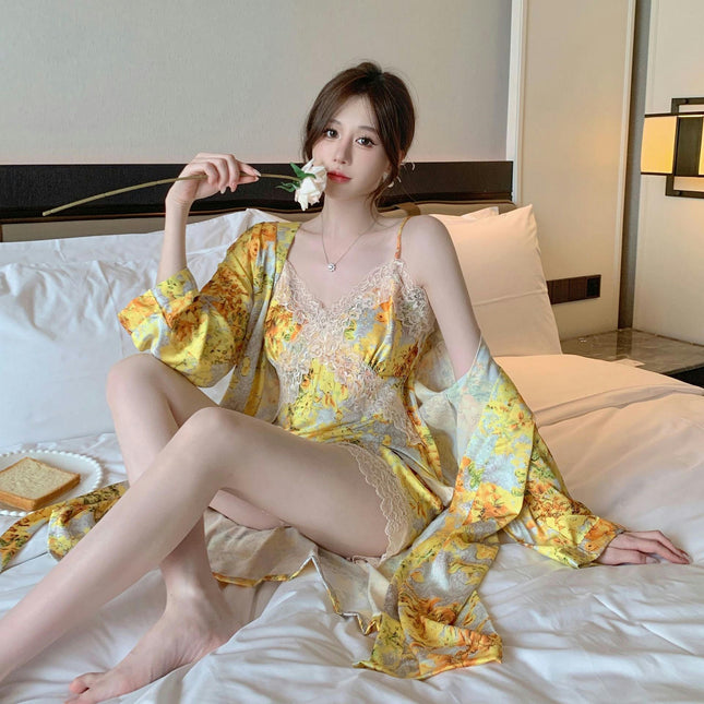 Imitation Silk Satin Pajamas Set Womens Sexy Lingerie Cami Shorts Sleeping Robe Set Sleepwear