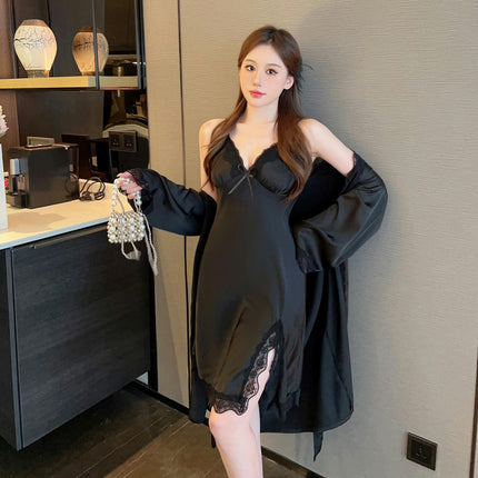 Women's Imitation Ice Silk Printed Pajamas Sexy Bra Pad Lace Suspender Nightgown Two-piece Set