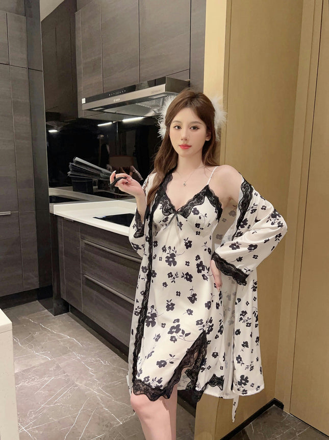 Women's Imitation Ice Silk Printed Pajamas Sexy Bra Pad Lace Suspender Nightgown Two-piece Set