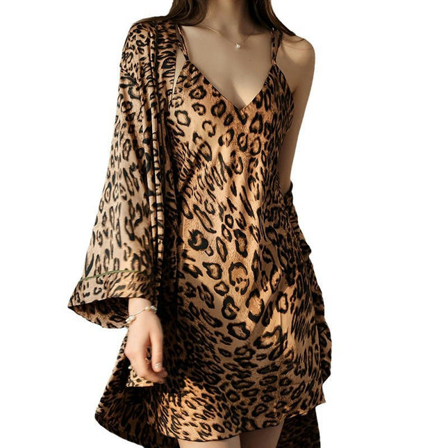 Women's Imitation Silk Satin Nightgown Babydoll Dress Sexy Leopard Print Pajamas Mini Suspender Dress