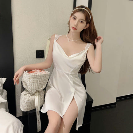 Women's Chemise Deep V Neck Lace Nightgown Imitation Silk Slip Satin Sleepwear Nightdress