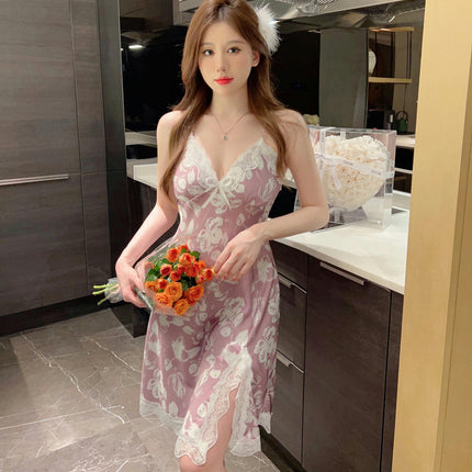 Women's Slit Lingerie Dress Simulated Silk Satin Nightgown Lace Slip Nightdress V Neck Full Slip