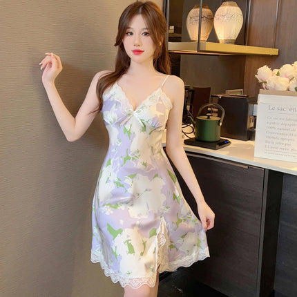 Women's Slit Lingerie Dress Simulated Silk Satin Nightgown Lace Slip Nightdress V Neck Full Slip