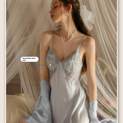 Women's Imitation Silk Lingerie Dress Satin Nightgown V Neck Lace Chemise Sleepwear Nightgown