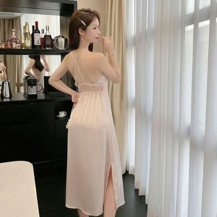 Women's Long Silk Sexy Nightgown Dress V Neck Satin Lace Slip Robe