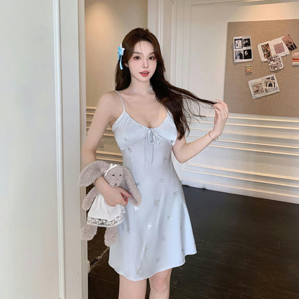 Women's Padded Printed Dress Imitation Silk Satin Nightgown V Neck Slip