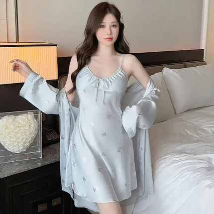 Women's Padded Printed Dress Imitation Silk Satin Nightgown V Neck Slip