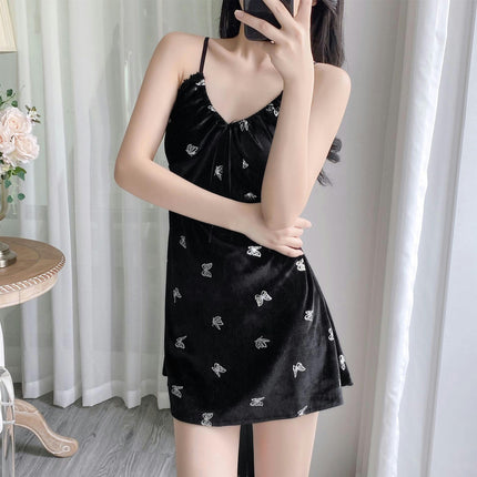 Women's Padded Printed Dress Imitation Silk Satin Nightgown V Neck Slip