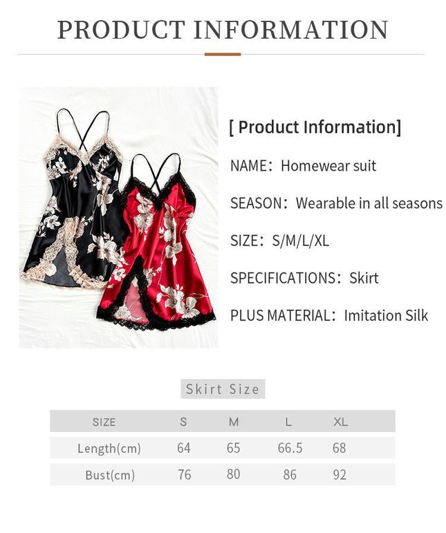Womens 2 Pack Imitation Silk Nightgowns Sexy Lace Print Satin Chmeise V Neck Nightwear