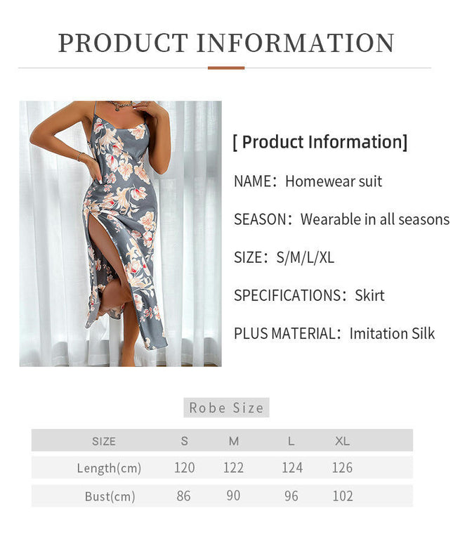 Women's Sexy Long Suspender Nightdress Imitation Silk Pajamas Backless Slit Nightdress