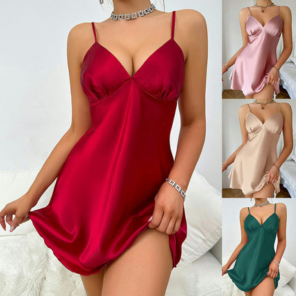 Satin Nightgown Imitation Silk Full Slip Dress Woman Sleepwear Lingerie Dress Mini Slip Chemise Nightgown