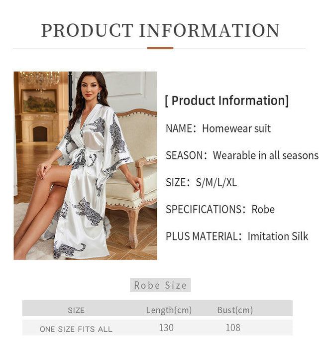 Women Long Imitation Silk Satin Bathrobe Kimono Leopard Dressing Gown Sleepwear With Belt