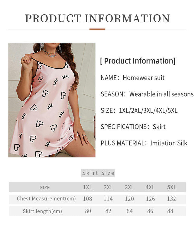 Women's Imitation Silk Satin Nightdress Baby Doll Dress Mini Heart Printed Suspender Nightdress
