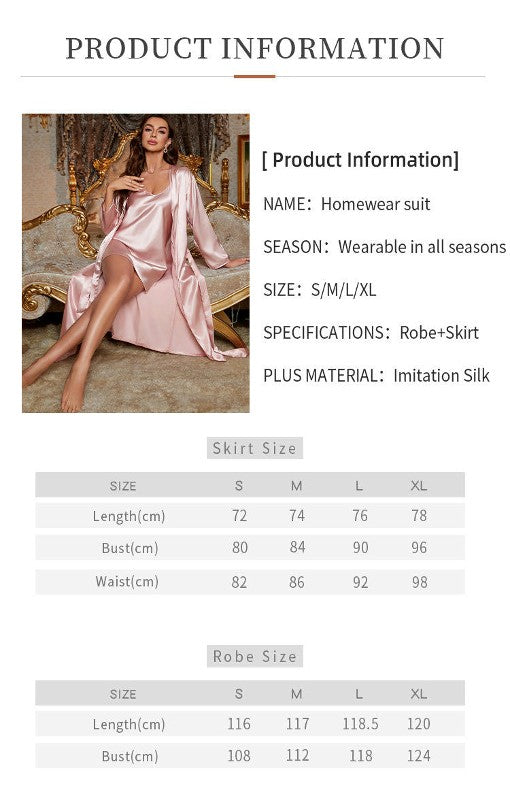 Long Loose Cardigan Tie Bathrobe Pajamas Simulation Silk Suspender Dress 2-Piece Set