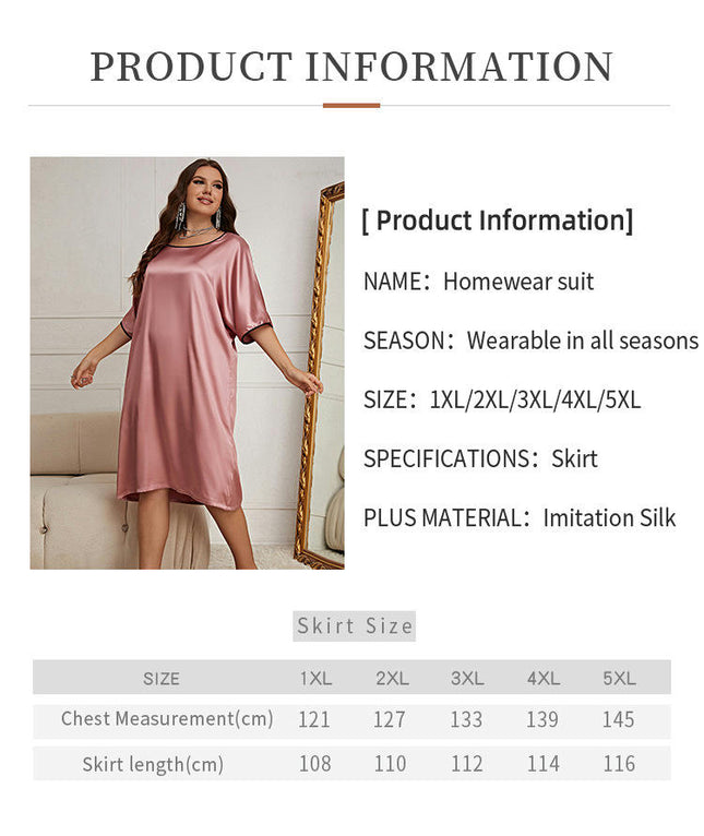 Women's Large Size Pajamas Round Neck Dress - Imitation Ice Silk Nightdress Home Clothes