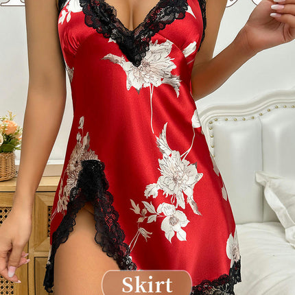 Women's Sexy Imitation Silk Nightgown Lace Strapy Babydoll Chemise Nightdress Full Slip