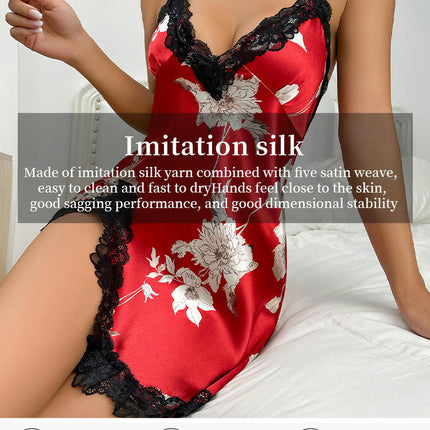 Women's Sexy Imitation Silk Nightgown Lace Strapy Babydoll Chemise Nightdress Full Slip