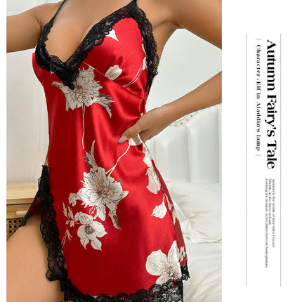 Women's Sexy Imitation Silk Nightgown Lace Strapy Babydoll Chemise Nightdress Full Slip