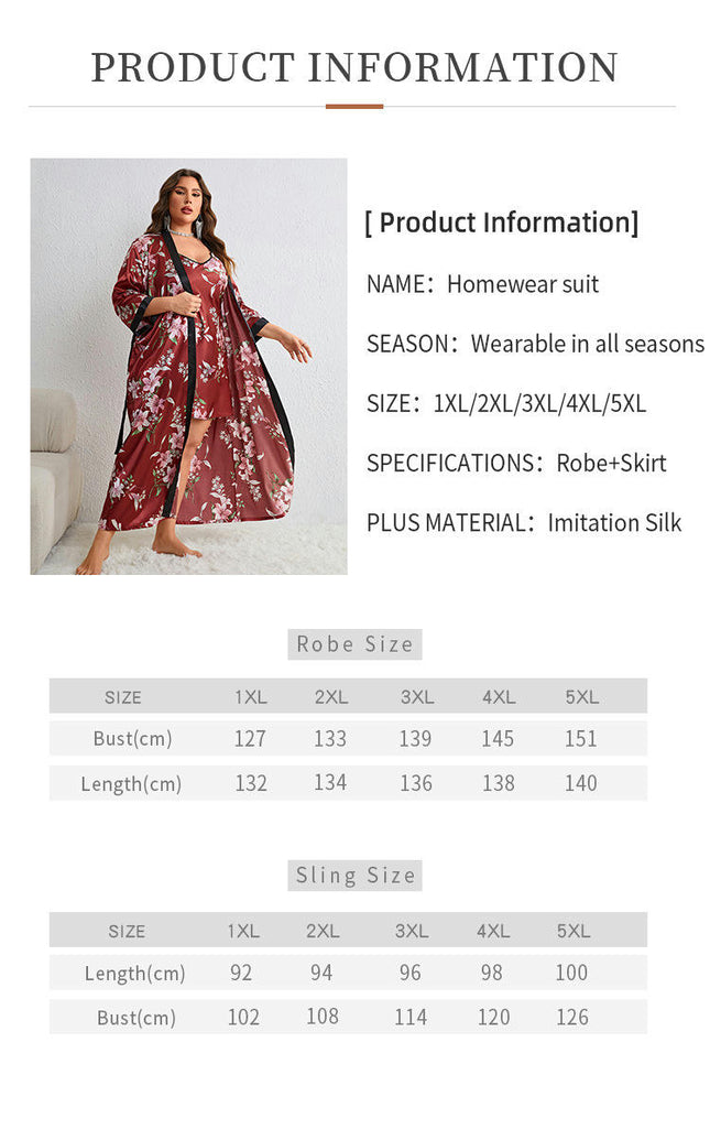 Women's Large Size Simulation Silk Nightdress Robe 2-piece Set Flower Printed Casual Home Clothes