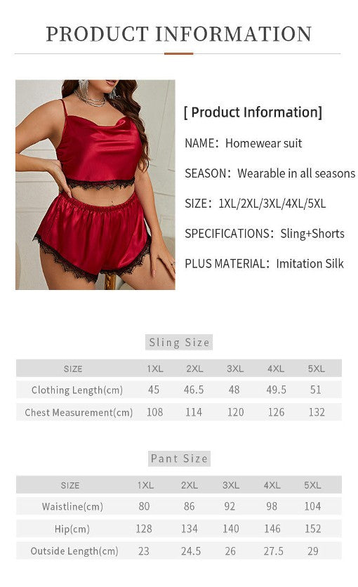 Imitation Silk Satin Pajamas Women Lace Sleepwear Lingerie Cami Shorts Set Nightwear