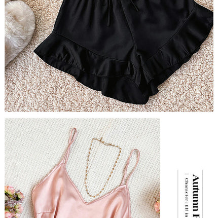 Women's Sexy Imitation Silk Satin Ruffled Pajamas Sets Cami Shorts Sets Sleepwear