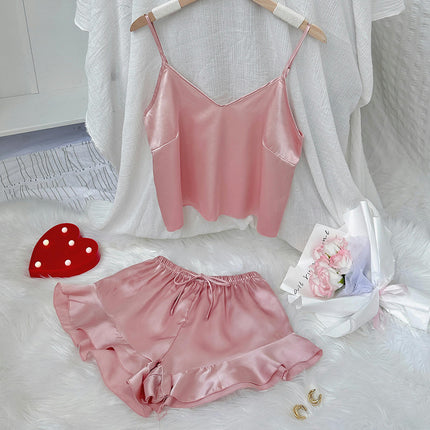 Women's Sexy Imitation Silk Satin Ruffled Pajamas Sets Cami Shorts Sets Sleepwear